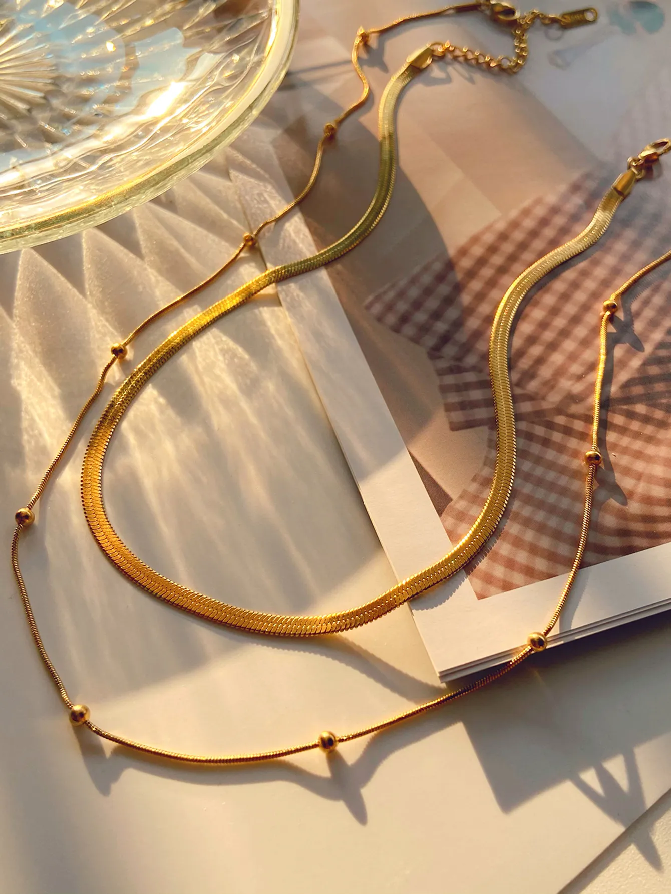 INS Designer Nuovo alla moda in acciaio inossidabile impilato Collare per le donne 14K placcato oro collana a catena serpente perline rotonde_voghion.com