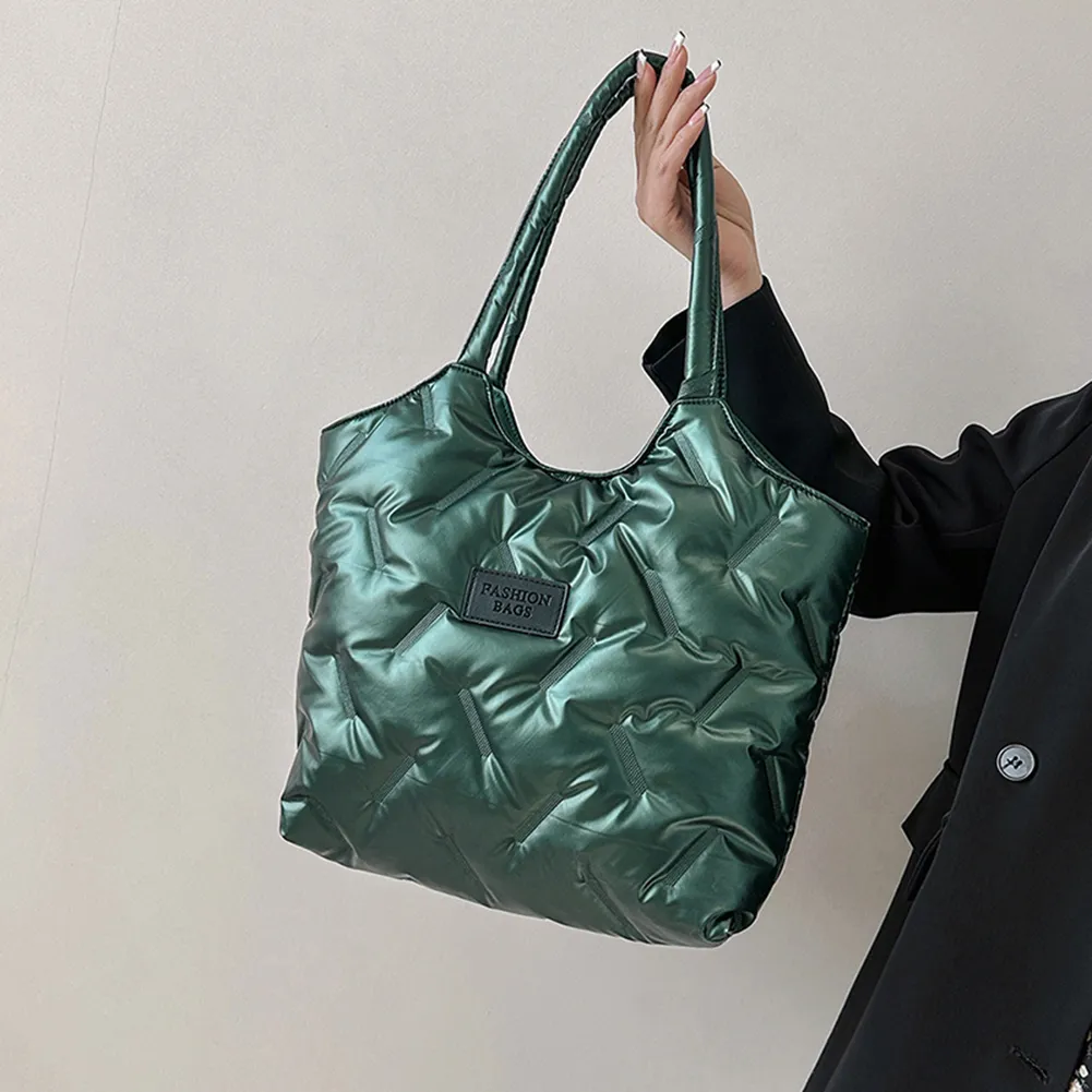 Borsa a mano imbottita in cotone da donna, trapuntata, grande capacità, invernale, casual, morbida e soffice._voghion.com