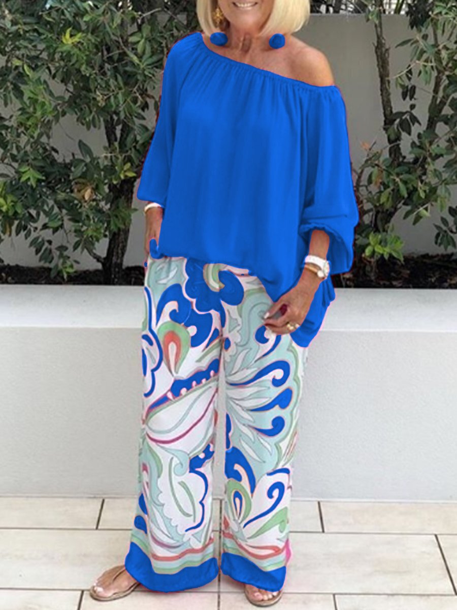 2025 New Women's Printed Pants Off-Shoulder Top Casual Set_voghion.com