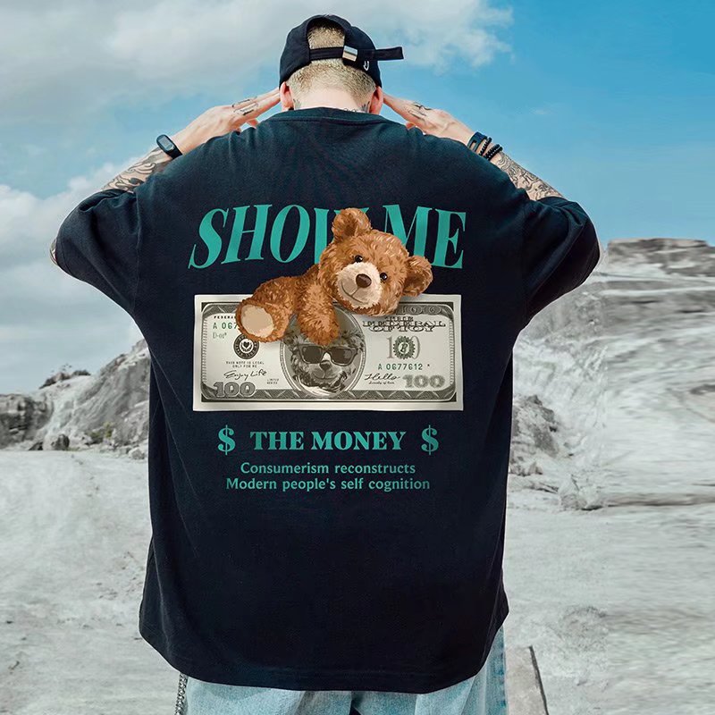 Oversized kort T-shirt til mænd, bjørn, løs pasform hiphop Instagram, trendy par, personlig halværmet trend_voghion.com