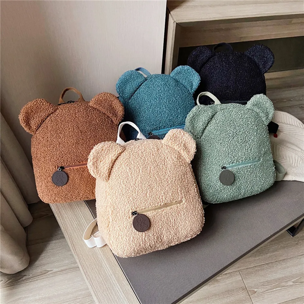 Casual Fleece Bear Shaped Shoulder Cute Women Backpack Children School Bag Travel Rucksack Solid Color Handbag_voghion.com