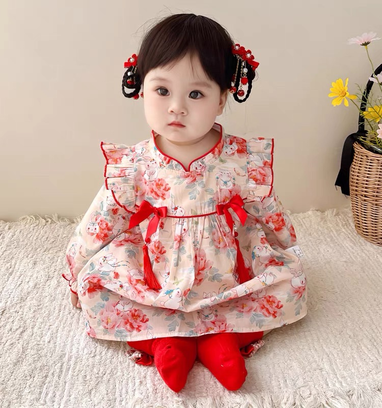 Autumn Newborn Girl Dress Rabbit Print Long Sleeved Dress Chinese Hanfu Style Baby Clothes_voghion.com