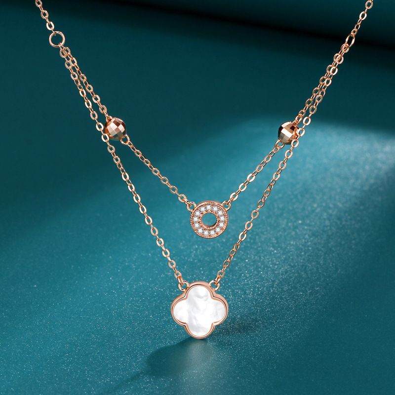 Double Layer Four Leaf Clover Necklace For Women, Niche Design, White Mother Of Pearl Pendant, Internet Celebrity_voghion.com