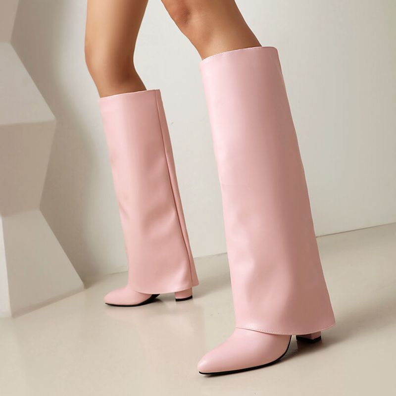 Mote kvinners bukser spisse hæler pluss størrelse slip-on high leg motestøvler_voghion.com