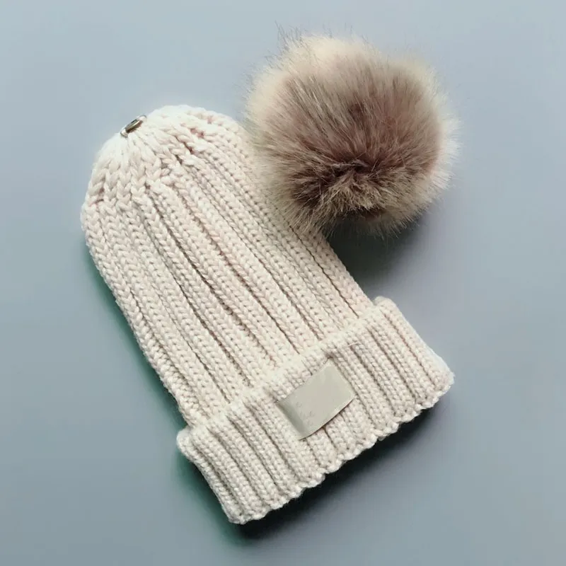 Fur Pom Poms Kid Hat Fashion Winter Hats For Kids Caps Baby Solid Color Designer Knitted Beanies Adult And Child Size_voghion.com
