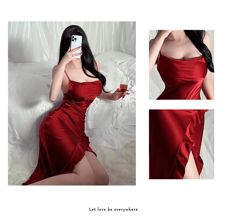Roupas femininas net estilo vermelho novo suspender camisola sexy encantador folha de lótus bainha inferior dividir pijamas roupas para casa_voghion.com