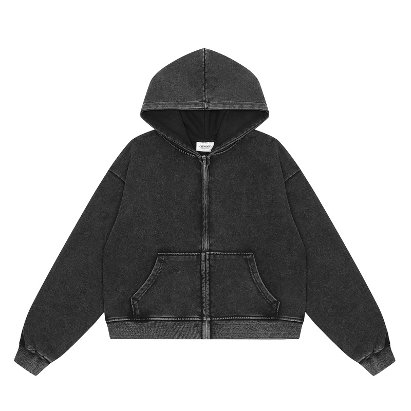Minimalist Washed Cotton Hoodie – Oversized Zip-Up Streetwear Pullover With Drop Shoulder & Kangaroo Pocket (M-XL, Black)