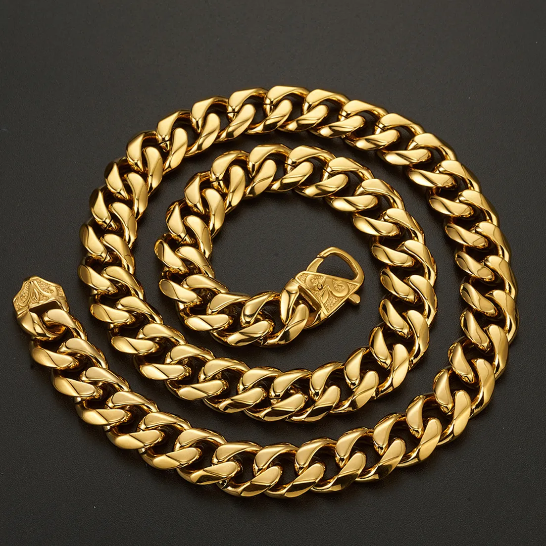 Chaînes 13/15 mm de large Hip-hop en acier inoxydable couleur argent/or/noir chaîne cubaine gourmette pour hommes et femmes collier ou bracelet_voghion.com