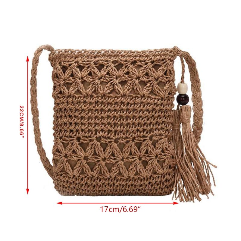Women Beach Woven Straw Shoulder Messenger Bag with Tassel Boho Hollow Out Crochet Crossbody Handbag rame Purse_voghion.com