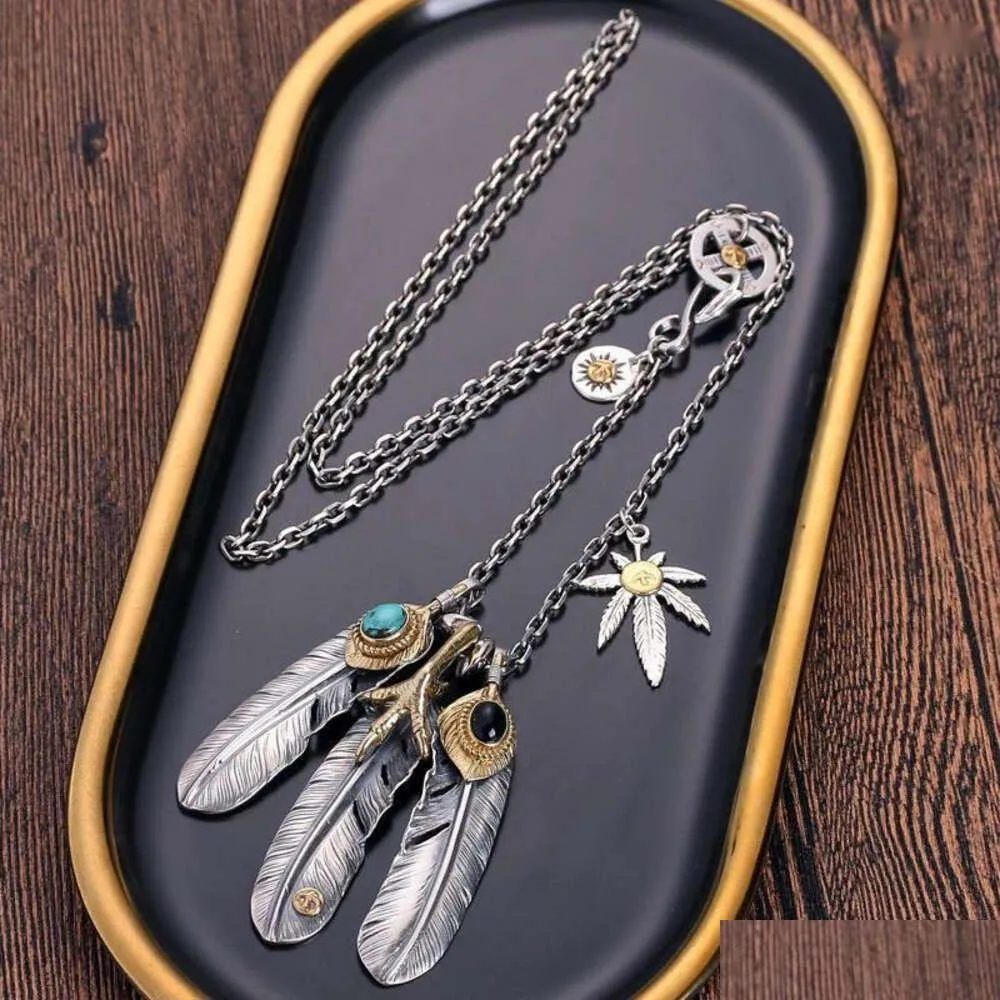 Collane con ciondolo Qn Takahashi Goro Style Collana con piuma turchese naturale Donna Uomo Too Set di catene angolari Maglione_voghion.com