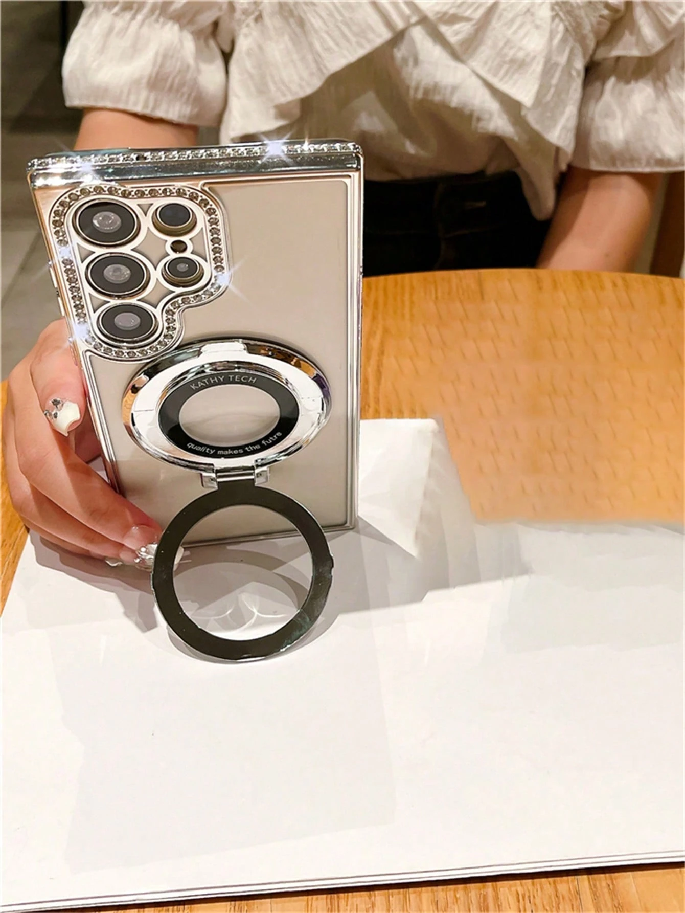 1pc Luxury Plating Gradient Glitter Diamond Stand Holder Phone Case For SamsungS24 S25 Ultra S23 Ultra S22 Ultra S23 Protective Shockproof Cover_voghion.com