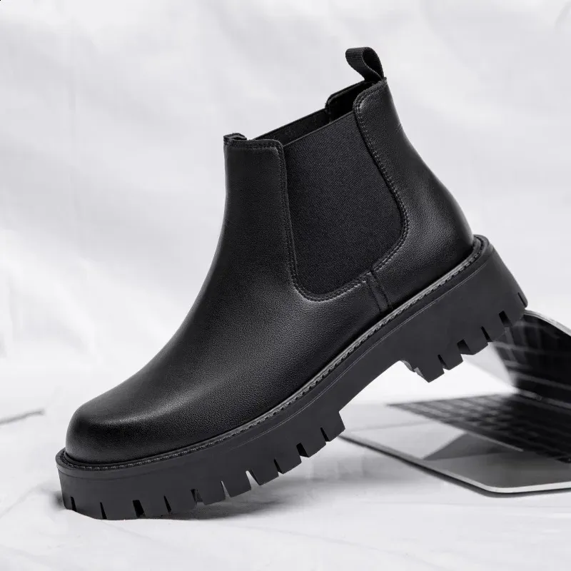 British Style Men Thick Bottom Waterproof Work Shoes Casual Fashion Classic Leather Comfy High Top Round Toe Boots_voghion.com