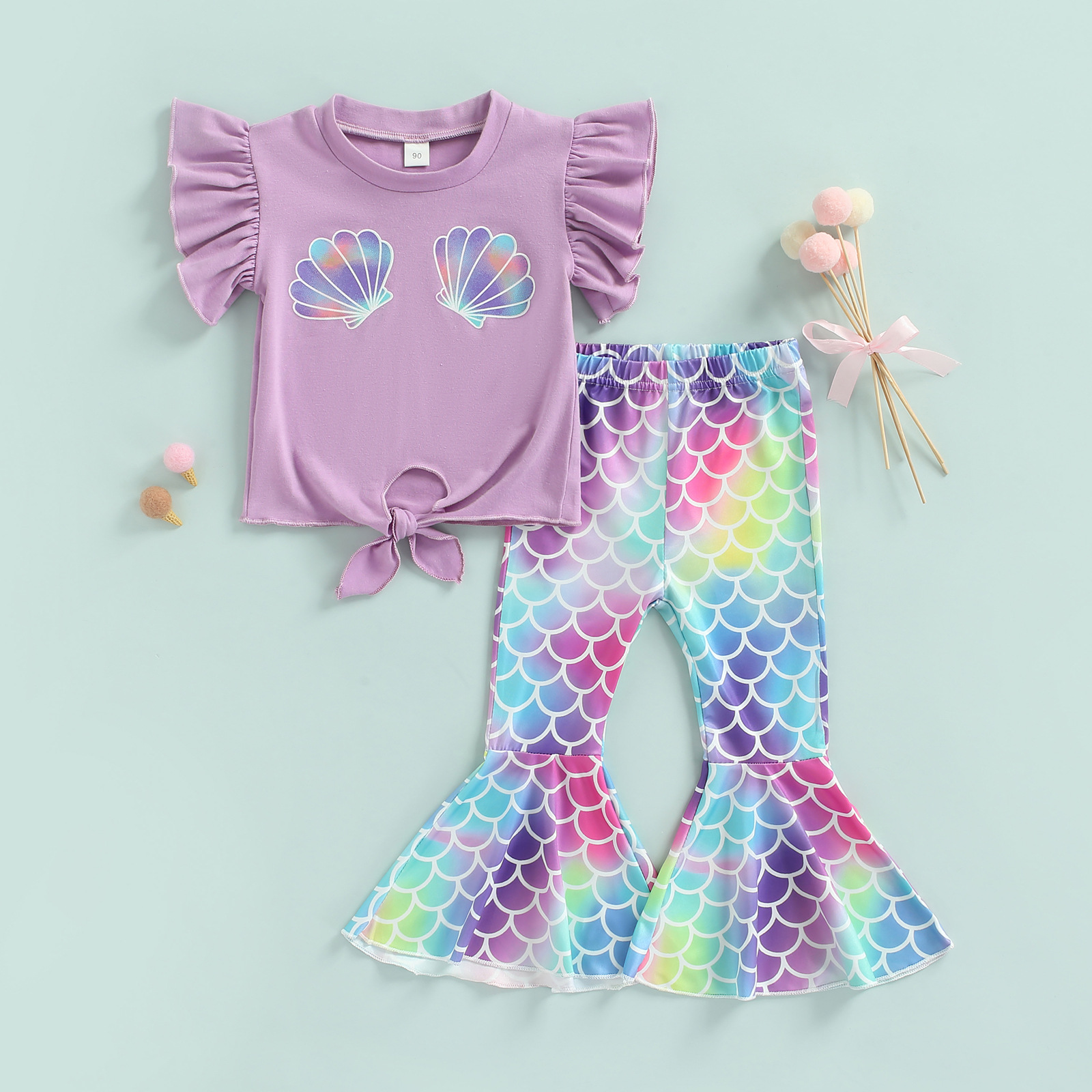 Mother & Kids ins summer girls new suit European and American flying sleeve top fish scale bell-bottom pants two-piece set in stock_voghion.com