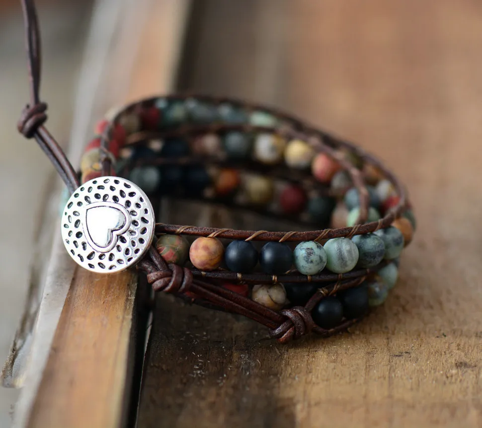 Pulsera tejida multicapa estilo bohemio con 3 hebras de piedra mate de 6 mm y cuero vintage, joyería hecha a mano, envío directo_voghion.com