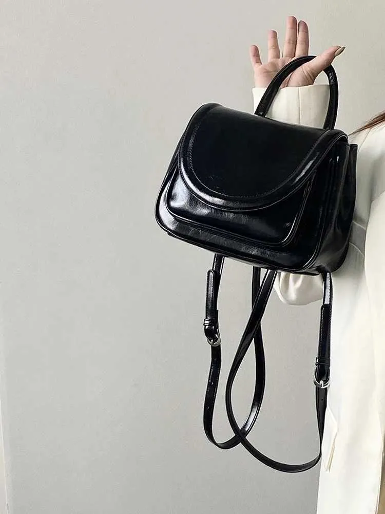 Elegant Black Backpacks Women Solid Leather Flap Shoulder Pack Large Capacity Female Commute Handle Bags College Pu_voghion.com