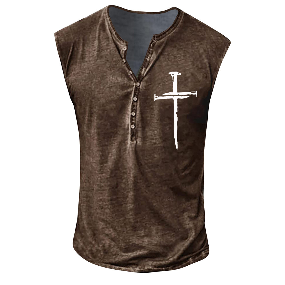 Youth Men's Cross Print Collarless Casual Tank Top Large Men's Vest_voghion.com