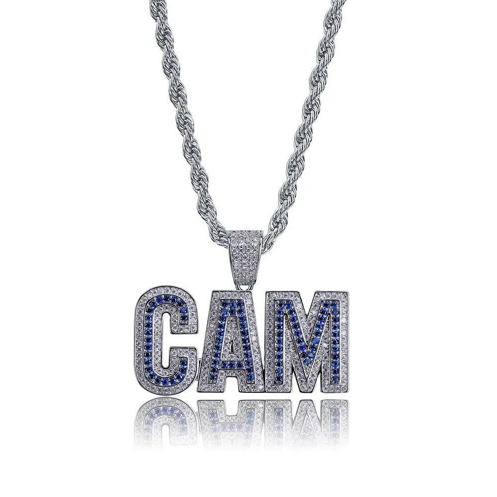 et collier avec pendentif initial CAM en zircone cubique plaqué or blanc, bijoux de rappeur hip-hop, cadeaux pour hommes et femmes_voghion.com
