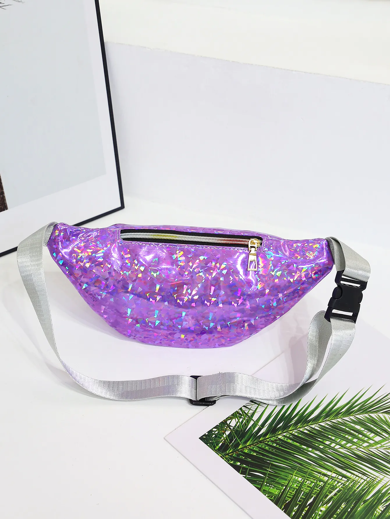 Riñonera holográfica plateada para mujer, cinturón negro geométrico, bolsa para teléfono con láser_voghion.com