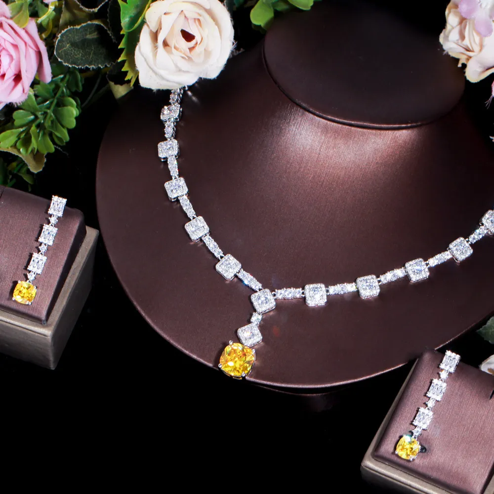 ThreeGraces Elegant Gul CZ Krystal Sier Farve Store Firkantede Dråbeøreringe Halskæde Bryllupsfest Smykkesæt til Kvinder_voghion.com