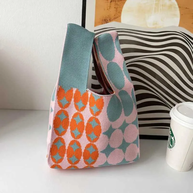 Varm genanvendelig indkøbstaske med almindeligt vævet prikmønster i strikket materiale til japanske studerende Y241106_voghion.com