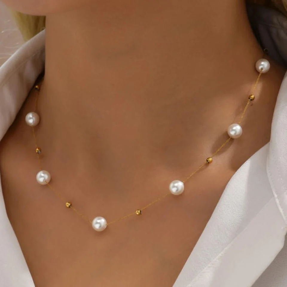 Collier choker chaîne perles en acier inoxydable waterproof_voghion.com