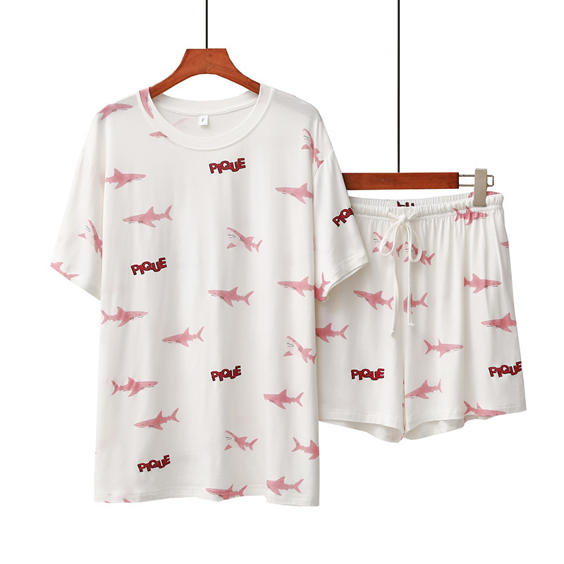Dampyjamas hajtryck modal kortärmad sommar nattkläder_voghion.com