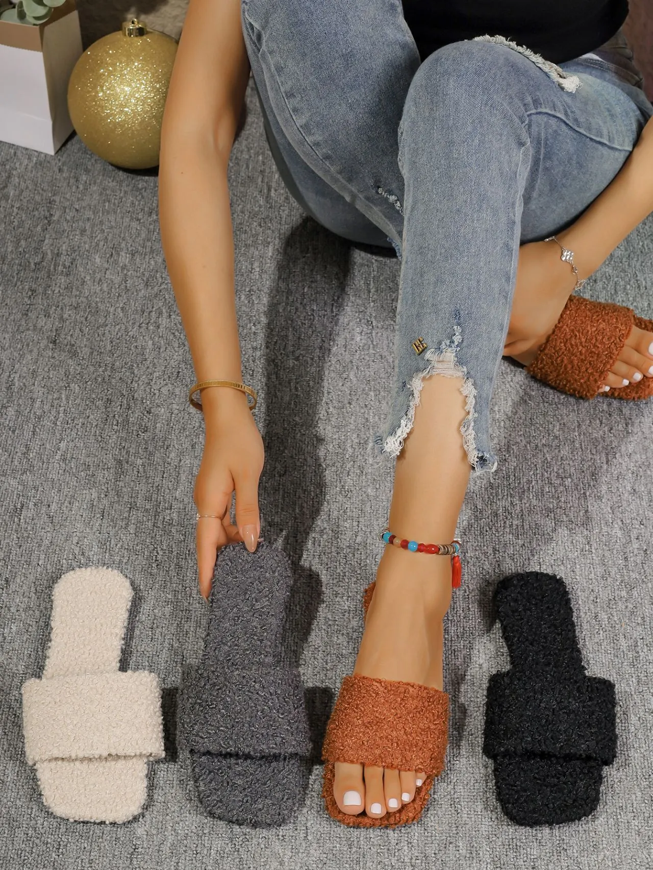 2024 Outono/Inverno Novos Grandes Pantufas Femininas Flat One Word Home De Lã_voghion.com