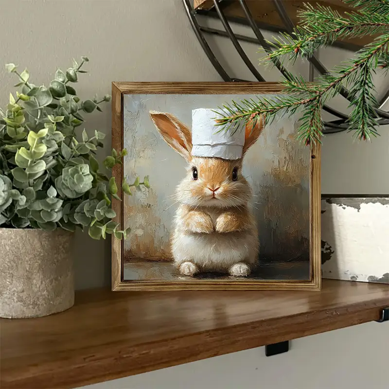 "8x8" Rustic Chef Bunny Wood Sign - Arte stravagante con rotolo di carta igienica per bagno/bar, decorazione da fattoria incorniciata, regalo perfetto per gli amanti dei conigli_voghion.com