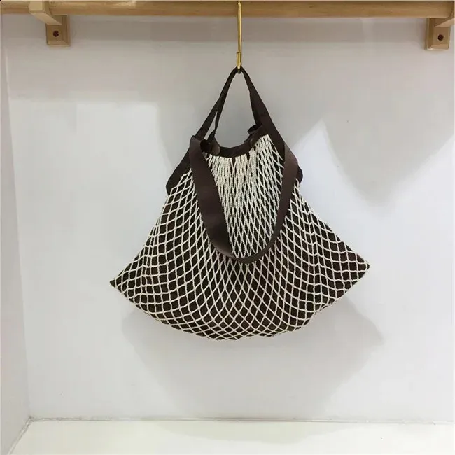 Borsa a rete intrecciata alla moda per donna, borsa a tracolla casual da donna, grande capacità, grande tote bolsa 240823_voghion.com