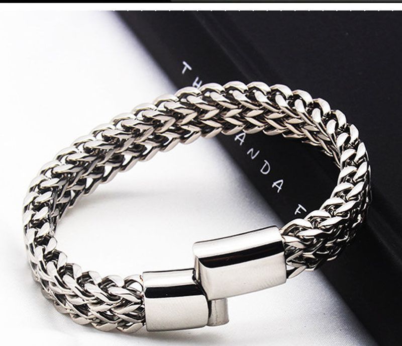 Doppellagiges kubanisches Armband für Männer, trendige Marke, verbreitertes dominantes Netz, Fischgräten-Sier-Armband, Titanstahl_voghion.com