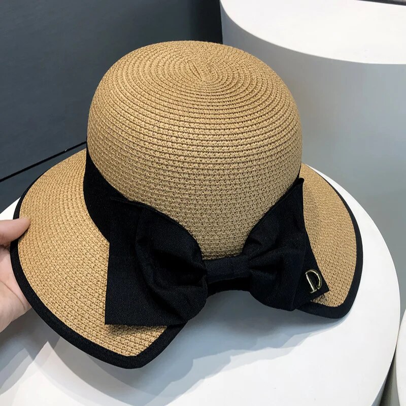 2024 Hot Selling Women's Personalized Fashion Letter Sunscreen Bow Grass Knitted Hat UV Protection Summer Breathable Sports Couple Sun Hat_voghion.com