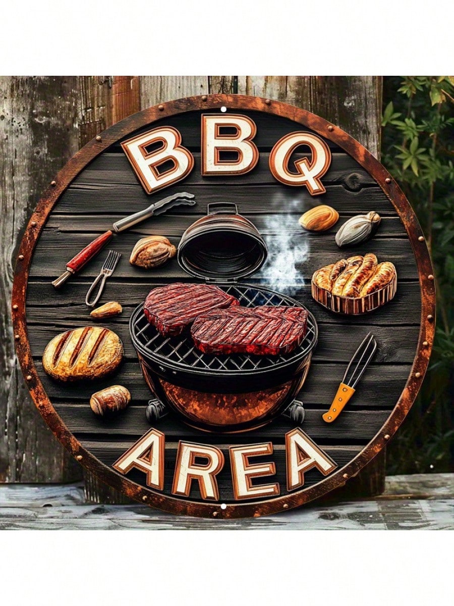 Wooden Barbecue Area,Vintage Barbecue Wall Art, Featuring Outdoor Decorations With Steak And Tool Images, Retro Bar/Cafe/Backyard Terrace Accessories_voghion.com