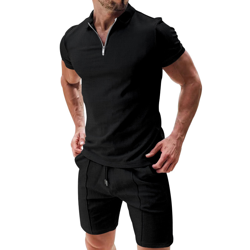 Herren Polo Shirt Set Kurzarm Sommer Freizeit Outfit Waffeloptik_voghion.com