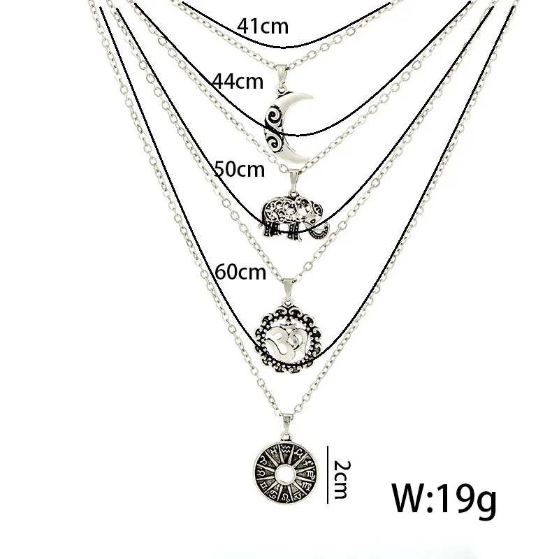Colares com pingentes Boho 3D Elefante Lua Colar para mulheres Cor Prata Multicamadas Crescente Metal Jóias Colares_voghion.com