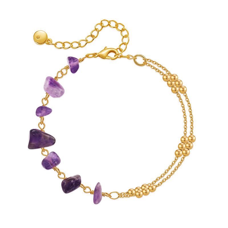 Purple Natural Crystal Gravel Splicing Design Luck Beads Ball Chain K Real Gold Plated Bracelet_voghion.com