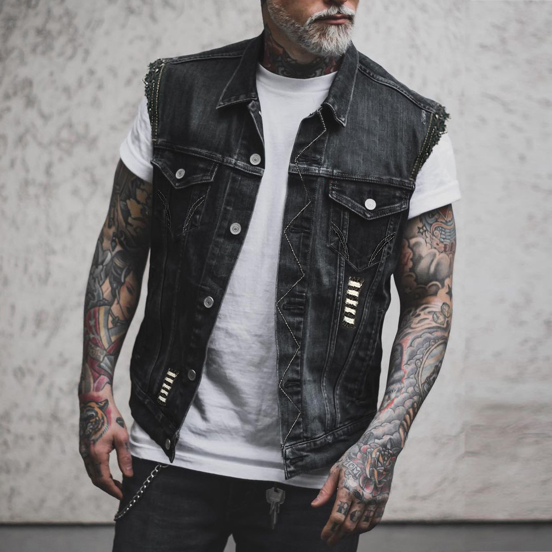 men's clothing punk casual men's denim vest sleeveless lapel denim jacket_voghion.com