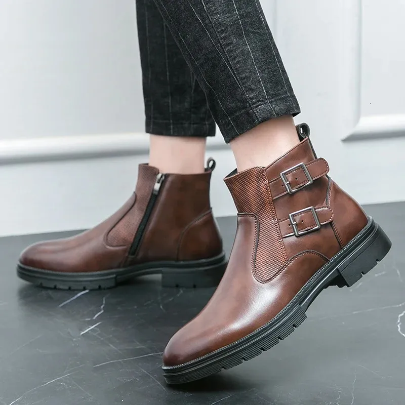 Classic Leather Business Ankle Boots For Men With Double Buckle_voghion.com