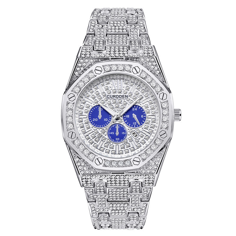 Men's Hip Hop Watch With Diamond Accents - Stylish Quartz Watch With Calendar Function, 41mm Round Dial, Alloy Band, Gold & Silver Options_voghion.com