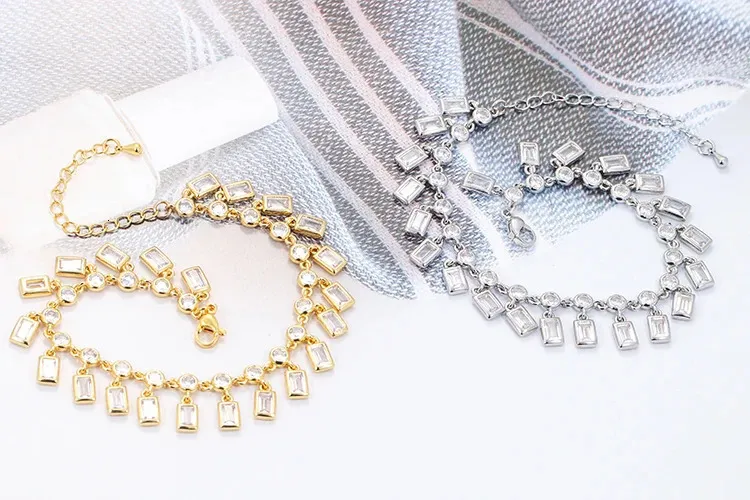 EYIKA Gold Sier Color Sparkling Round Zircon Link With Square CZ Tassel Bracelet for Women Fashion Party Jewelry 240710_voghion.com