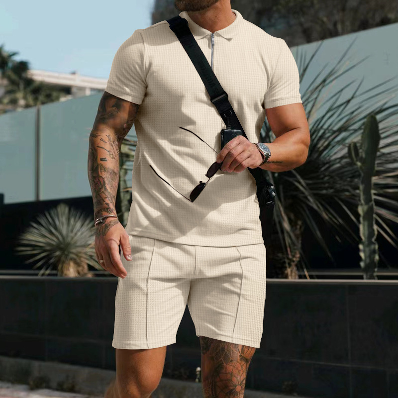 Herren Polo Shirt Set Kurzarm Sommer Freizeit Outfit Waffeloptik_voghion.com