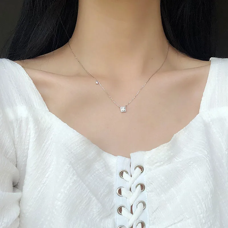 Collier avec pendentif en argent sterling et diamant carré pour femme, chaîne de clavicule simple et brillante, bijoux de mariage_voghion.com