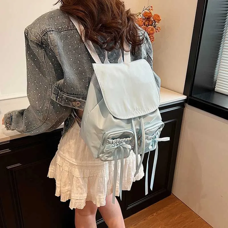Bogen Design Frauen Kleine Nylon Rucksäcke 2024 Frühling Y2K Koreanische Mode Einfarbig Rucksack Dame Reise_voghion.com
