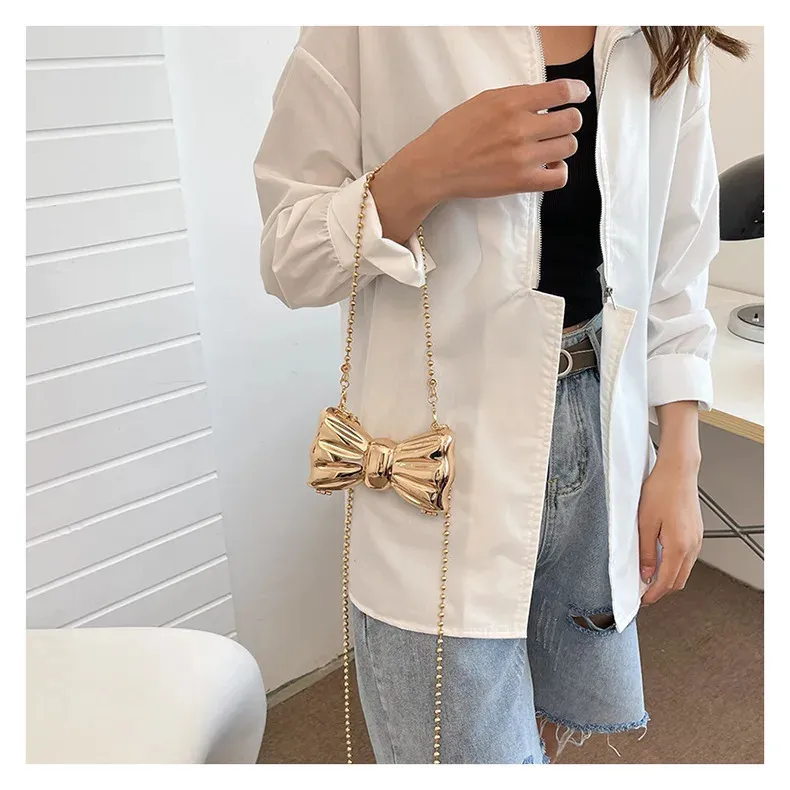 Borsa a mano con catena lunga in oro e argento con fiocco, da sera, da donna, con manico superiore in conchiglia, borse e borsette da festa per matrimonio 241212_voghion.com