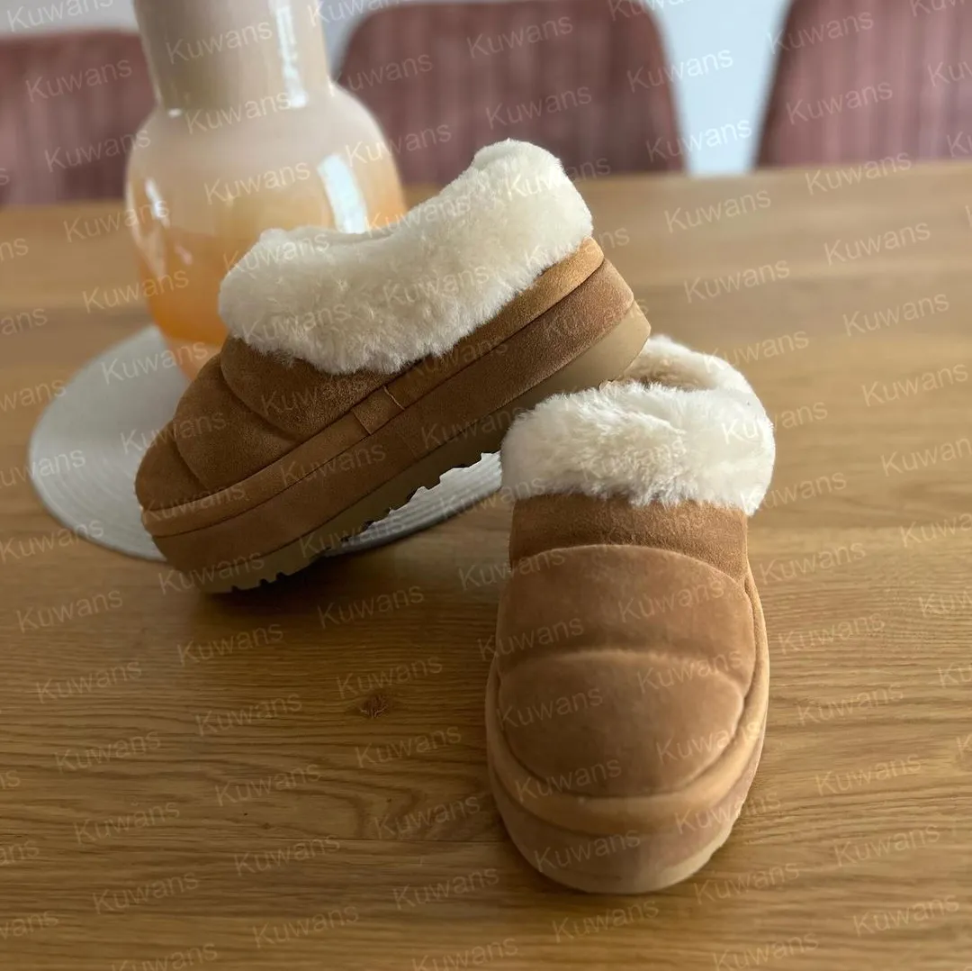 Pantuflas Tazzlita para mujer, chanclas de piel Tazz Tasman, bota clásica de plataforma ultra mini, color mostaza, sin cordones, de gamuza y lana._voghion.com