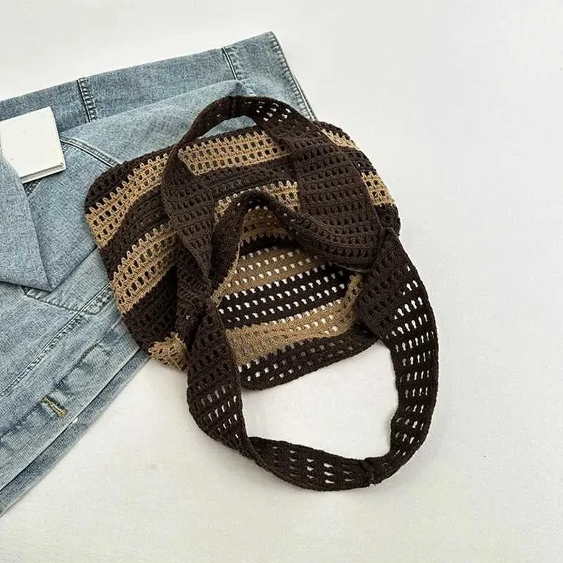 Fashion Shoulder Bag Contrast Hollow Knitted Belt Womens Handbag Y241011_voghion.com