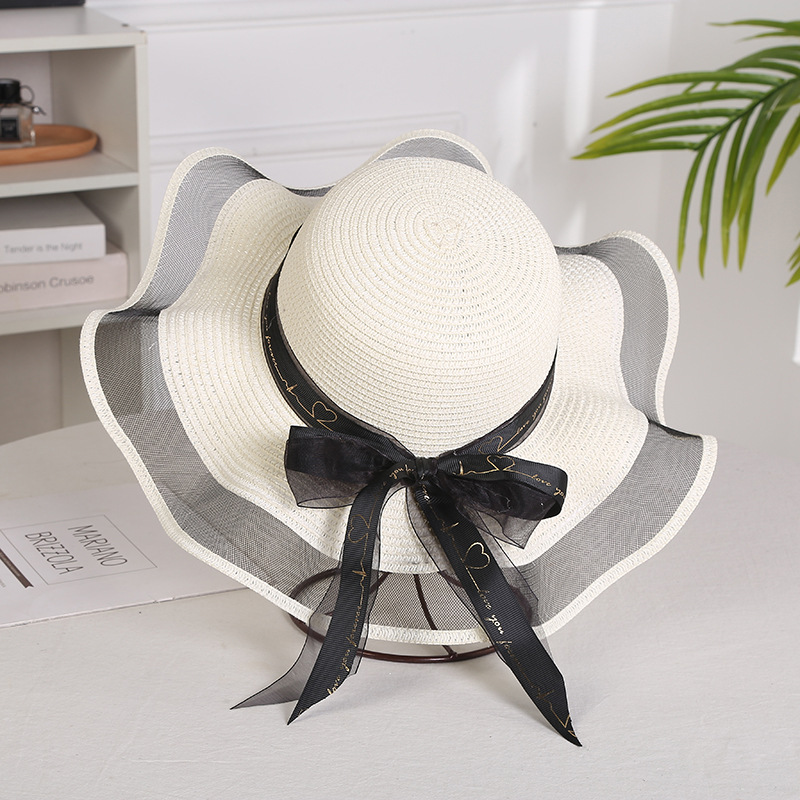 Hats for women, summer mesh straw large brimmed foldable sunshade hats, bow beach hats_voghion.com
