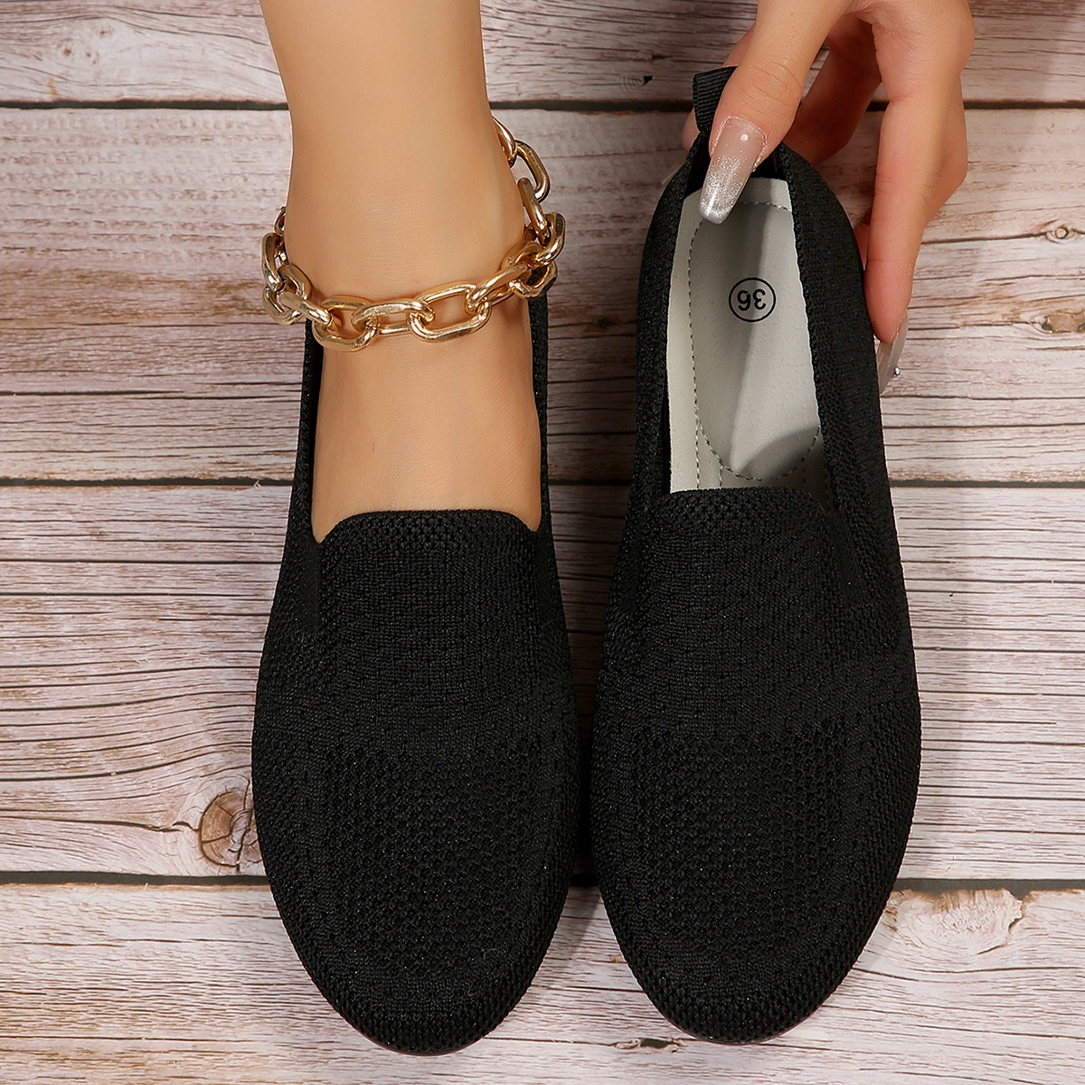 Damenmode flacher Mund fliegende Strick-Low-Top-Einzelschuhe Damen neue gestrickte runde Kopf Set Füße faule Müßiggänger_voghion.com