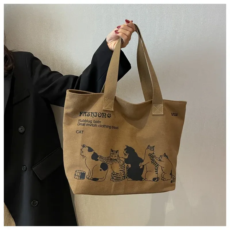 Große Tragetasche für Damen zum Einkaufen, Aufbewahren, Pendeln, Canvas-Handtasche, Cartoon-Katzen-Aufdruck, tragbare_voghion.com