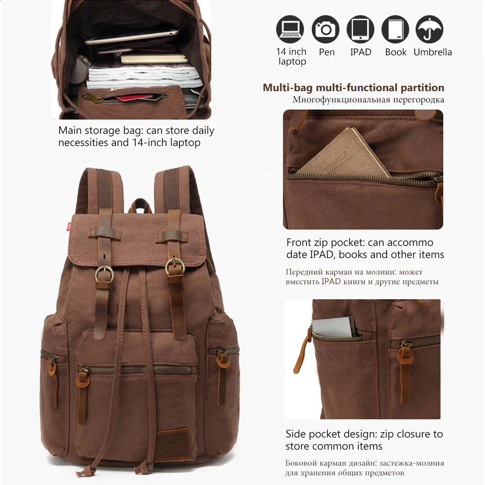 Fashion Vintage Canvas Backpack School Mens Bags Large Capacity Travel Laptop Retro Bag Drop 240730_voghion.com