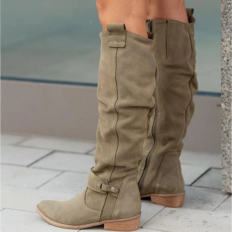 Damen Kniehohe Stiefel Einfarbig Wildleder Lady Flats Winter Warm Bequeme Damenschuhe Punkt Zehe Sexy Reißverschluss Niedriger Absatz_voghion.com